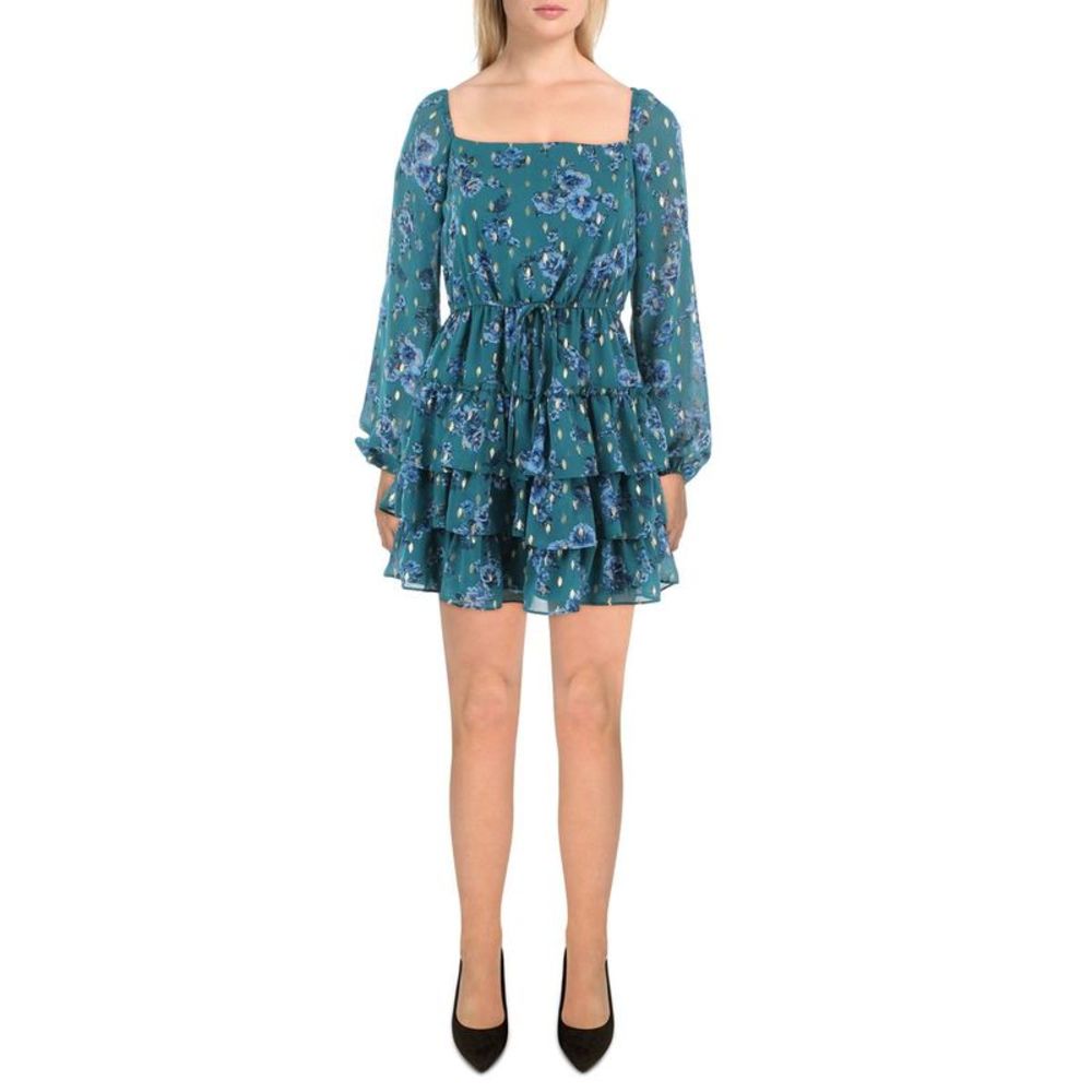 City Studio Womens Green Square Neck Printed Metallic Mini Dress NWOT